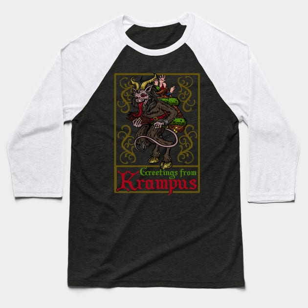 Greetings From Krampus - Christmas Devil Gift Baseball T-Shirt by biNutz